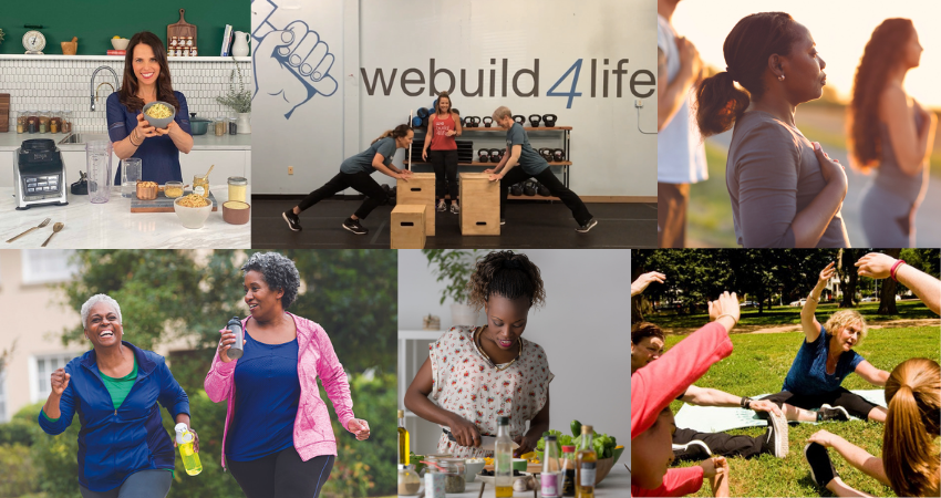 Collage of photos of women being active